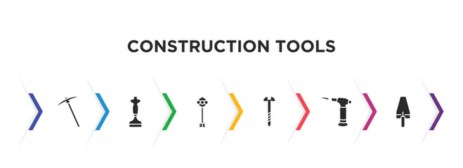 construction tools filled icons with infographic template. glyph icons such as pick axe, bolster, antique key, screw, blowtorch, gardening palette vector.