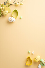 Easter decorations concept. Top view vertical photo of colorful easter eggs baking molds and easter bouquet on isolated beige background with copyspace