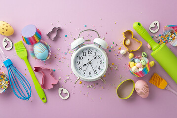 Easter concept. Top view photo of alarm clock kitchen utensils whisk brushes rolling-pin colorful easter eggs in paper baking molds and sprinkles on isolated lilac background