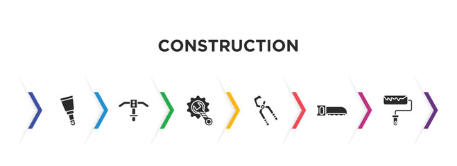 construction filled icons with infographic template. glyph icons such as scraper, inclined picker, wrench and gear, big clippers, hacksaw, roller and paint vector.