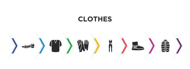 clothes filled icons with infographic template. glyph icons such as leather shoes, v neck shirt, leather gloves, jumpsuit, wool boots, padded vest vector.