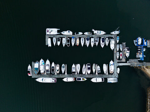 Aerial image above moored boats in Brisbane Water, Gosford.