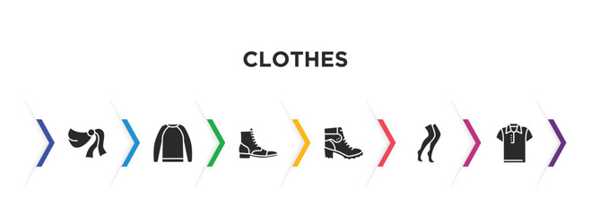 clothes filled icons with infographic template. glyph icons such as shawl, sweatshirt, brisk boots, danica shoes, stockings, polo shirt vector.