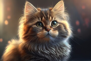 Naklejka na ściany i meble beautiful little fluffy kitten with big eyes, generative AI