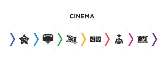 cinema filled icons with infographic template. glyph icons such as film star, zoetrope, freeze frame, prompt box, hitman, soundtrack vector.