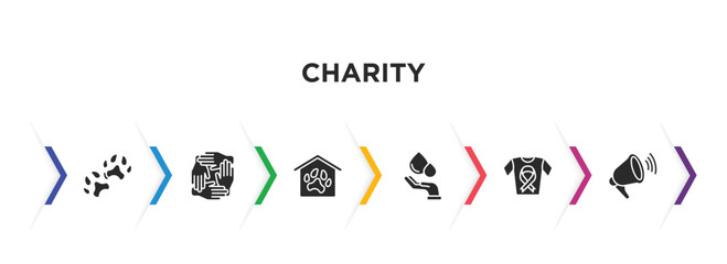 charity filled icons with infographic template. glyph icons such as dog pawprint, solidarity, shelter, blood donation, clothes donation, loudspeaker vector.