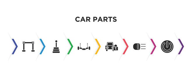 car parts filled icons with infographic template. glyph icons such as car torsion bar, car transmission, anti-roll bar, lock, headlight, ignition vector.