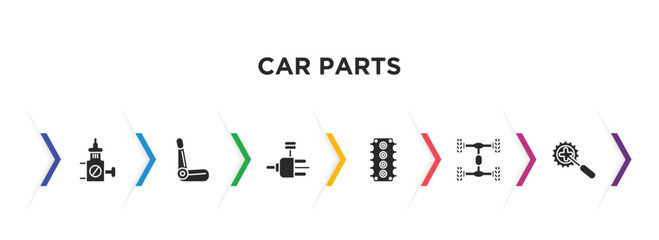 car parts filled icons with infographic template. glyph icons such as car choke, car bucket seat, distributor, cylinder head, chassis, crank vector.