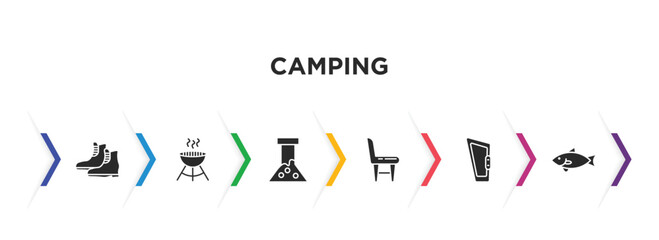 camping filled icons with infographic template. glyph icons such as boot, grill, flask, chair, carabiner, sardine vector.