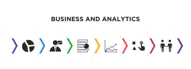 business and analytics filled icons with infographic template. glyph icons such as circular chart, businessman analysis, binary data search, data wave, variety, partnership vector.