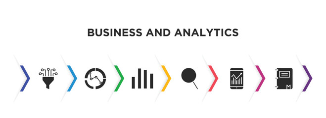 business and analytics filled icons with infographic template. glyph icons such as funneling data, merge charts, bar stats, data analytics, mobile analytics, workbook vector.