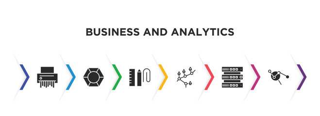 business and analytics filled icons with infographic template. glyph icons such as shredder, polygonal chart, supplies, mortgage statistics, database interconnected, market research vector.