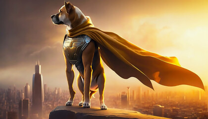 super hero dog on roof top over city, Generative AI