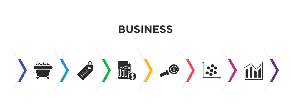 business filled icons with infographic template. glyph icons such as mining cart, sale tag, profit report, dollar business search, scatter chart, bars graphic vector.
