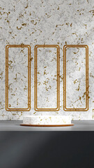 rendering 3d template mockup white marble podium in portrait gold frame and white marble wall