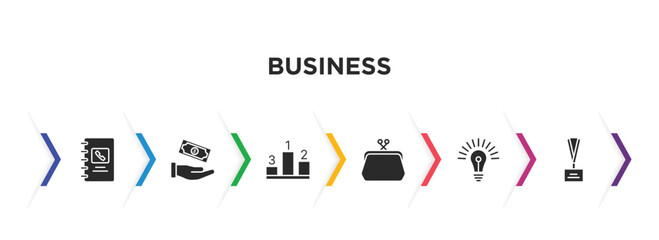 business filled icons with infographic template. glyph icons such as address book, give money, ranking factor, coin purse, round light bulb, lanyard vector.