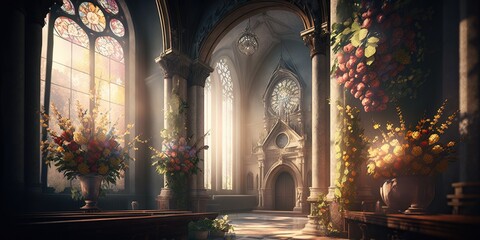 Church decorated with floral arrangements and ornate easter decorations with sunlight streaming through stained glass windows, concept of Festivity and Piety, created with Generative AI technology
