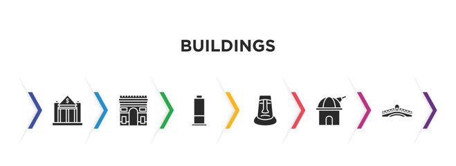 buildings filled icons with infographic template. glyph icons such as reserve bank, arc de triomphe, trade center, rapa nui, space, rialto bridge vector.