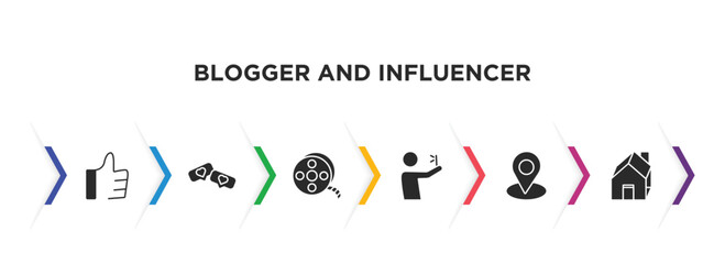blogger and influencer filled icons with infographic template. glyph icons such as like, likes, film reel, selfie, placeholder, home vector.
