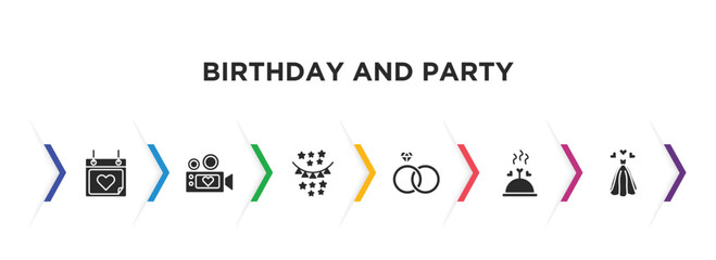 birthday and party filled icons with infographic template. glyph icons such as love calendar, wedding video, birthday flag, marriage, wedding dinner, wedding dress vector.