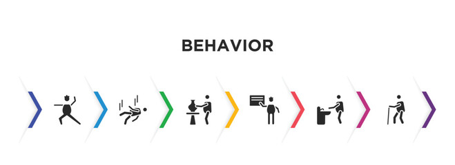 behavior filled icons with infographic template. glyph icons such as man warming up, man falling, man doing pottery, presentation whiteboard, washing hands, old walking vector.