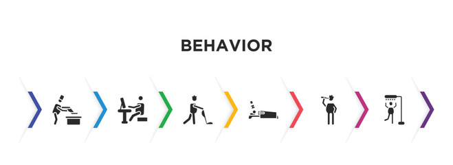 behavior filled icons with infographic template. glyph icons such as man cooking, man typing, man vacuum, sleeping, drinking, showering vector.