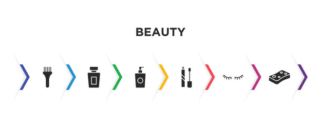 beauty filled icons with infographic template. glyph icons such as tint brush, french perfume, liquid makeup, liquid lipstick, two eyelashes, bath sponge vector.