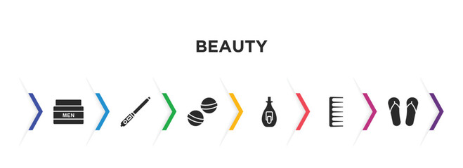 beauty filled icons with infographic template. glyph icons such as men cream, curling wand, bath salts bomb, nail polish removal, hairbrush, two flip flops vector.