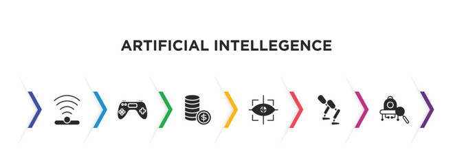 artificial intellegence filled icons with infographic template. glyph icons such as infrared, gaming, coins, eye tracking, prosthesis, microbots vector.