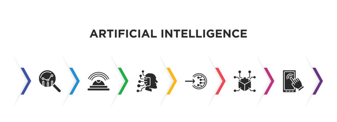 artificial intelligence filled icons with infographic template. glyph icons such as prediction, motion, available, log in, 3d, touch screen vector.