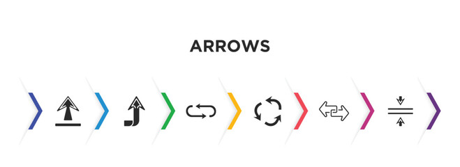 arrows filled icons with infographic template. glyph icons such as underline up arrow, upward, loop arrows, repeat, transfer, vertical merge vector.
