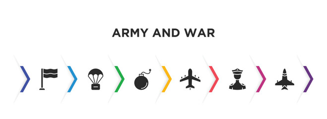army and war filled icons with infographic template. glyph icons such as patriot, parachute, bomb, plane, officer, jet vector.