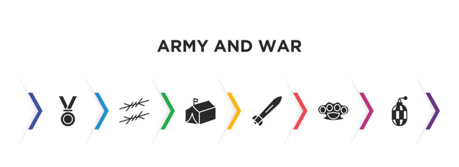 army and war filled icons with infographic template. glyph icons such as medal, barbed wire, militar tent, torpedo, knuckle, whizbang with rong vector.