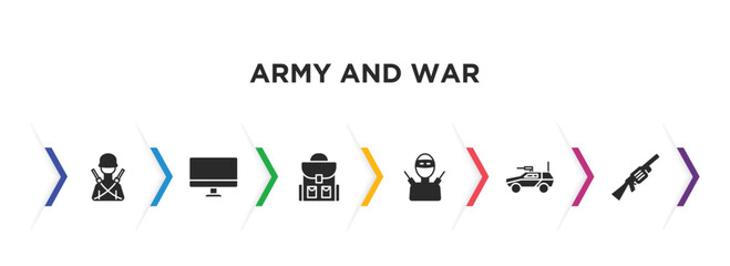 army and war filled icons with infographic template. glyph icons such as infantry, computer, backpack, guerrilla, armored vehicle, grenade launcher vector.