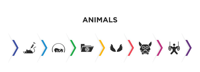 animals filled icons with infographic template. glyph icons such as animal testing, hibernation, medic folder, wing, japanese cat head, trapeze artists vector.