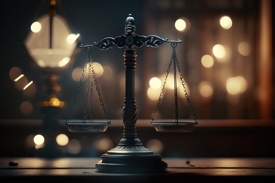 Scales of justice in the courtroom, dark lighting, punishment system for prisoners, presumption of innocence, constitution day. Generative AI.