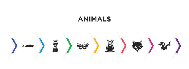 animals filled icons with infographic template. glyph icons such as sea cow, llama, butterfly with wings, kangaroo, fox, eel vector.