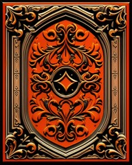 Orange and black gothic plaque with ornate decorative design inside a frame. Generative AI illustration. PNG transparent background.