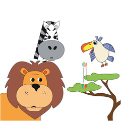Sweet Lion Zebra Bird Illustration