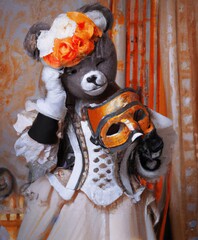 Teddy bear in a Victorian masquerade ball costume holding an orange face mask. Generative AI art style illustration.