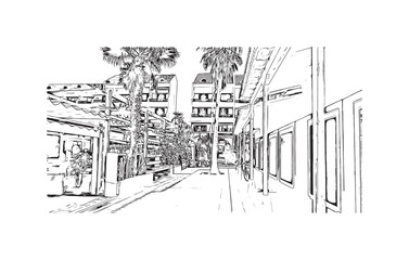 Building view with landmark of Playa de las Americas is a city in  Spain. Hand drawn sketch illustration in vector.