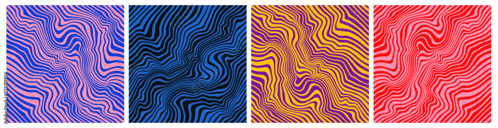 Poster Set of Wavy Seamless Trippy Patterns in Psychedelic Colors. Abstract Vector Swirl Backgrounds. 1970 Aesthetic Textures with Flowing Waves. Seventies Style, Groovy Background, Wallpaper, Print