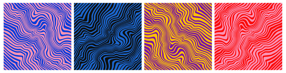 Set of Wavy Seamless Trippy Patterns in Psychedelic Colors. Abstract Vector Swirl Backgrounds. 1970 Aesthetic Textures with Flowing Waves. Seventies Style, Groovy Background, Wallpaper, Print