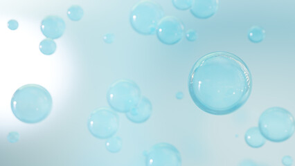 Beautiful cosmetic fluid flows on an abstract background. Realistic balls and shimmering bubbles are present in the backdrop. a 3D rendering of minimal abstraction