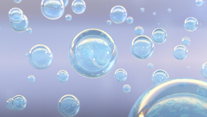 Background with an abstract design and beautiful liquid for cosmetics. Realistic balls and shiny bubbles appear on the backdrop. minimal abstract design. a 3D rendering