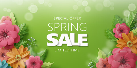 3d Rendering. Spring sale banner with beautiful colorful flower. Can be used for template, banners, wallpaper, flyers, invitation, posters, brochure, voucher discount.