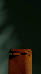 wood textured podium in portrait green wall background, 3d render image blank mockup