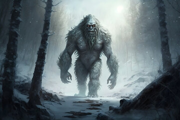 Yeti or abominable snowman walks through winter forest area. Neural network AI generated art