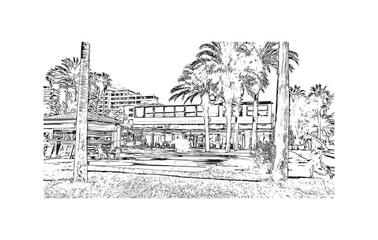 Building view with landmark of Playa de las Americas is a city in  Spain. Hand drawn sketch illustration in vector.