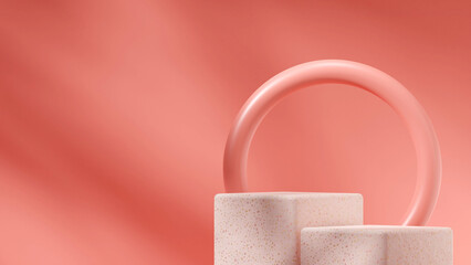 3d rendering empty mockup pink terrazzo podium in landscape pink wall and circular shape
